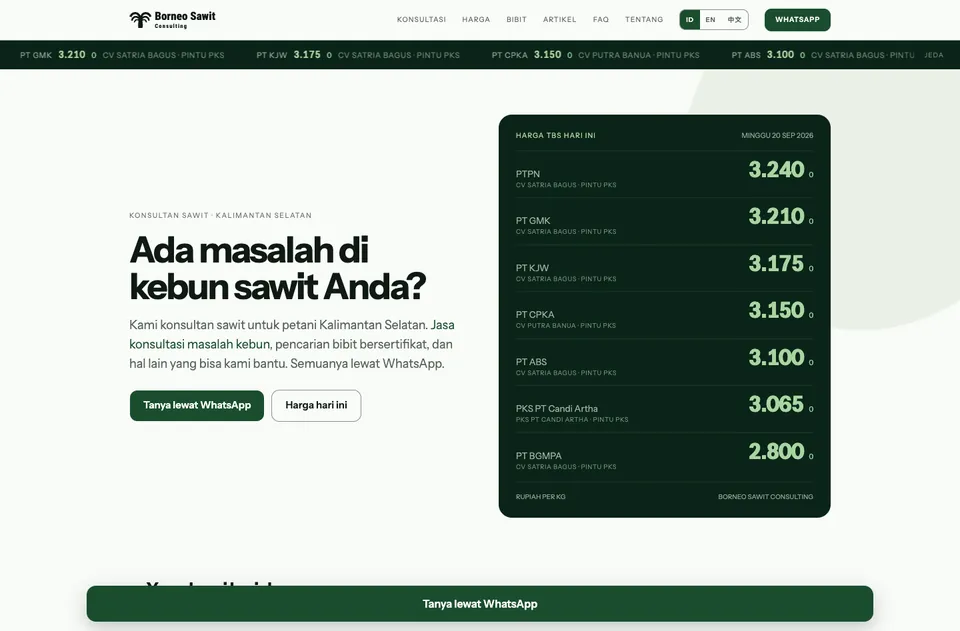 Tampilan website Borneo Sawit Consulting di laptop dan HP